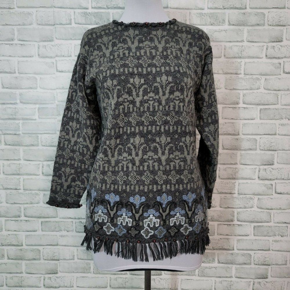Hasting & Smith Petites Womens S Grey Geometric Boho Sweater Beaded Fringe Hem